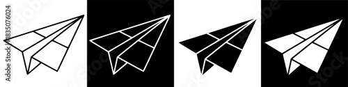 Four variations of a paper airplane icon in black and white, representing travel and communication