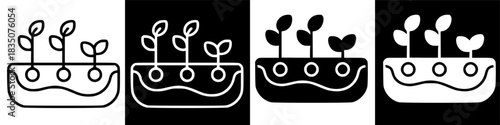 Four variations of a minimalist icon depicting seedlings growing, symbolizing the launch phase of ecological projects and agricultural development