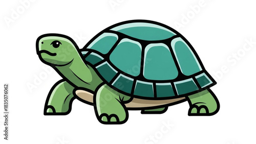 Cartoon illustration of a green turtle with a patterned shell, walking on a white background.