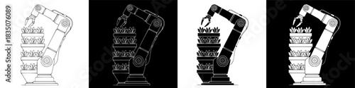 Four variations of robotic arm placing objects a study in black, white, and line art