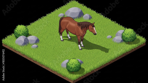 A brown horse stands peacefully on a patch of green grass, surrounded by rocks and bushes.