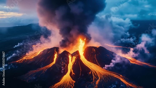 A volcanic eruption releases lava and ash clouds into the evening sky while illuminating the rugged landscape below