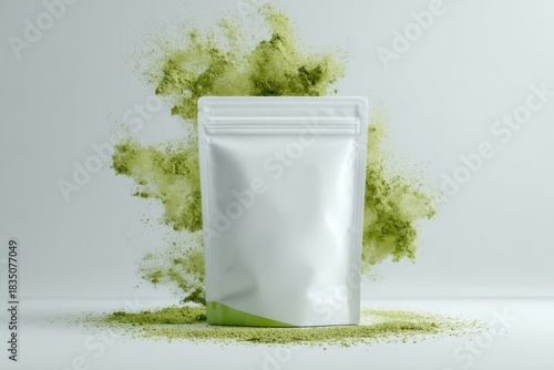 Minimalist matcha powder packaging mockup with a clean white pouch standing against an explosive green powder burst on a light background. Modern organic product branding concept.