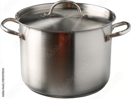Shiny stainless steel pot, pan, and saucepan are isolated kitchen utensils made of clean metal cookware with lids and handles for cooking food on a white background