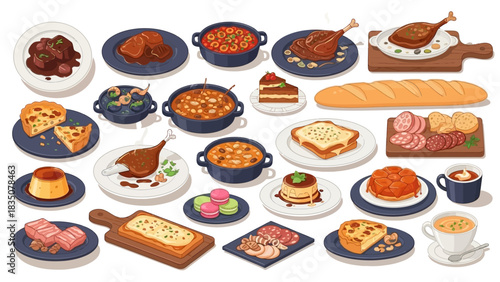 Elegant French Cuisine Vector Collection Featuring Classic Savory Dishes, Gourmet Pastries, Signature Soups, and Traditional Baked Specialties in Vibrant Modern Illustration Style