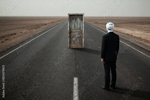 A surreal scene of a man in a suit with a bandaged head facing a mysterious door in the middle of a deserted road. A concept of choice and the unknown.
