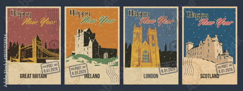 Happy New Year Greeting Cards, European Countries Main Attractions Postcards Retro Style Illustrations. London Tower Bridge, Westminster Abbey, Ireland Medieval Castle, Scotland Blair Castle