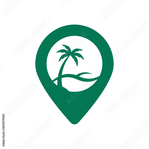 Dark green pointer pin with palm tree beach scene flat illustration