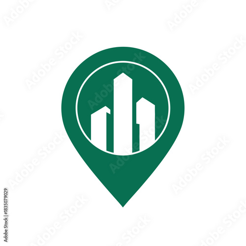 Green geolocation marker icon containing white city towers flat illustration
