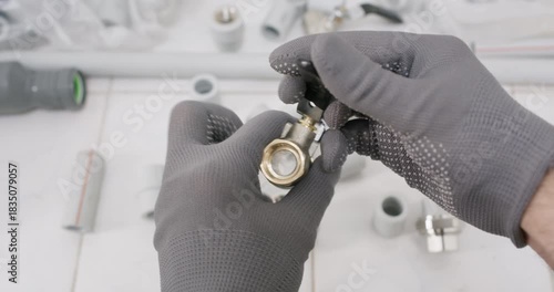 Assembler tightens lever on stem of ball valve with tool. Plumber sets stop position and secures nut verifying smooth quarter turn actuation while torque meets spec