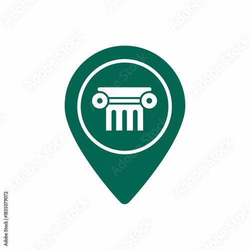 Green map marker with a white classical column structure symbol flat illustration