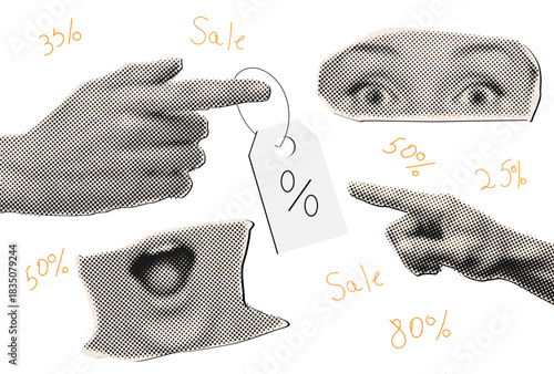 Halftone hand holding price tag with sale percentage discounts, hands pointing price tags,surprised eyes and mouth,trendy collage design