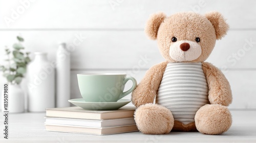 Cozy scene with teddy bear tea time and books for relaxed reading on a light background