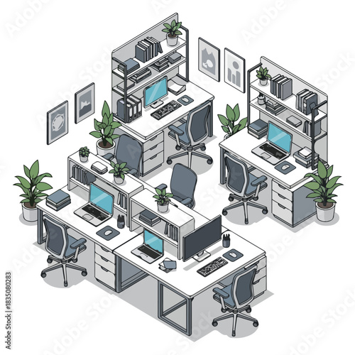 Isometric view of a modern open-plan office with multiple workstations, computers, ergonomic chairs, shelves, and potted plants, depicting a contemporary work environment.