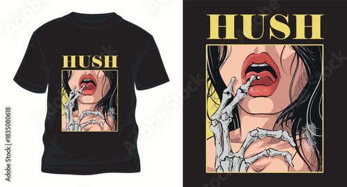 T Shirt design with woman licking skeleton finger