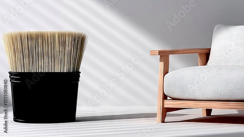 Paintbrush in Black Bucket Beside Modern Armchair