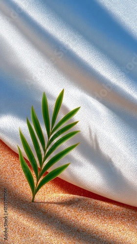 Palm Leaf on Sand with White Fabric