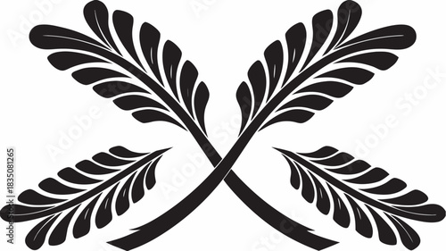 Black floral ornament with crossing stems and stylized leaves in a symmetrical arrangement design element