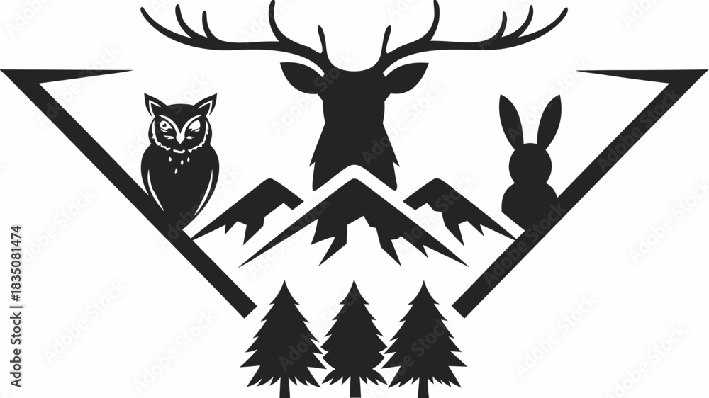 Fototapeta premium Black and white nature scene with deer owl rabbit trees and mountains inside a triangle frame design