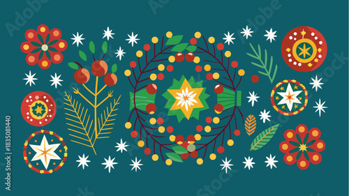 Festive floral and star arrangement with wreath and berries on a teal background design element