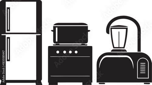 Illustration of kitchen appliances including a refrigerator stove and a food processor in black and white