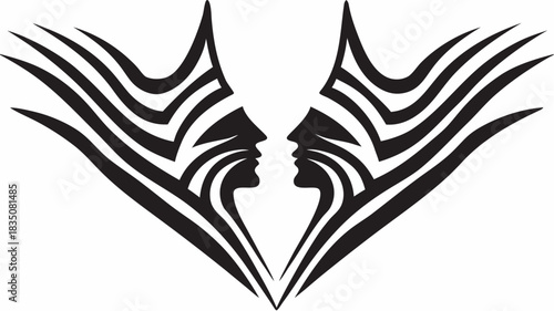 Abstract symmetrical design featuring two stylized faces with geometric patterns and flowing lines art work