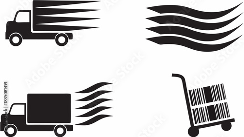 Illustration showing delivery trucks with speed lines and a hand truck with barcoded boxes for shipping