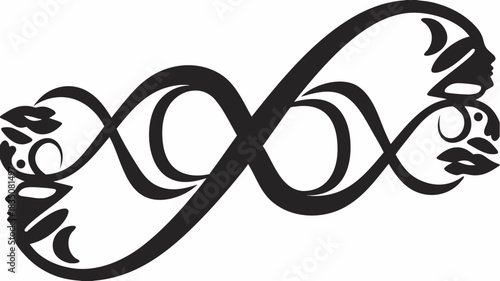 Black and white infinity symbol with stylized faces and floral elements on either side design art