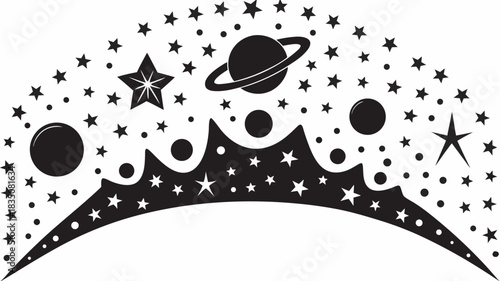 Silhouette of a celestial crown with stars, planets, and a ringed planet in a night sky view