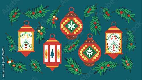 Illustration of decorative lanterns and evergreen branches with berries on a teal background