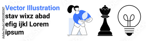 Business strategy, teamwork, leadership, innovation, creative ideas, decision-making. Woman holding a puzzle piece, chess pawn lightbulb graphic. Teamwork and leadership symbolism