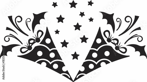 Black and white decorative design with christmas trees bats and stars symmetrical pattern art image