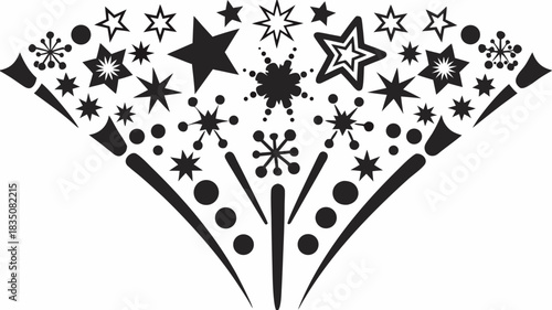 Black and white design featuring stars snowflakes and circles in a radiating pattern shape design