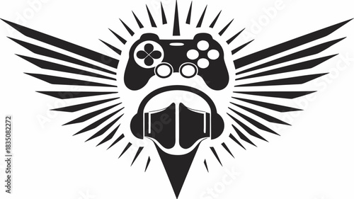 A black and white gaming logo with controller headphones wings and a pointed base in vector format