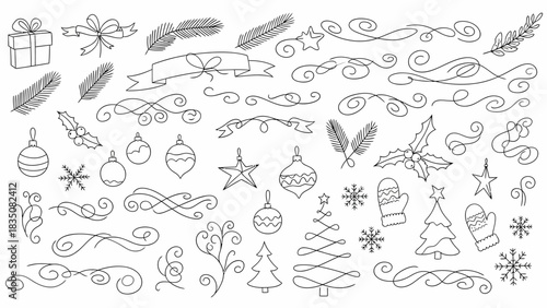 Hand-drawn collection of festive winter and Christmas outline graphics, including ornaments, snowflakes, trees, ribbons, and decorative swirls for holiday designs