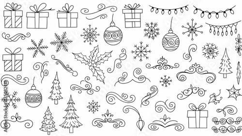 Collection of Hand-Drawn Christmas and Winter Holiday Decorative Elements