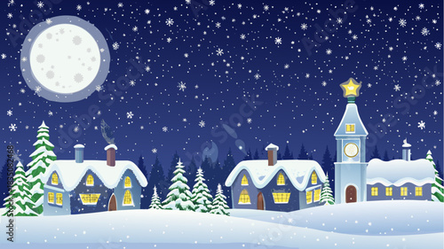 Winter village scene with snow covered houses and a large moon under a starry night sky image