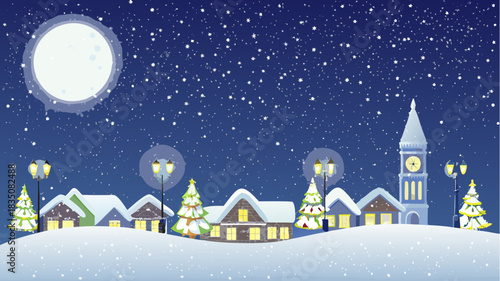 Winter scene with snow covered houses christmas trees and a clock tower under a starry sky and full moon
