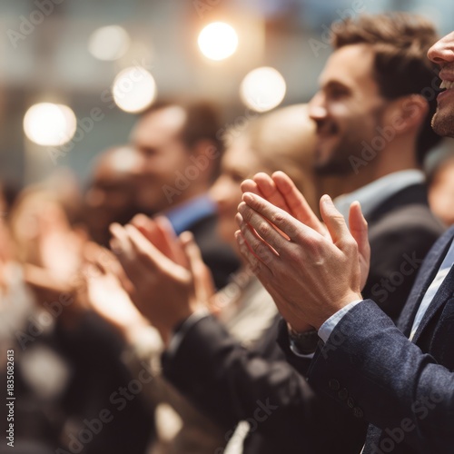 Diverse Group Applauding at Conference with Warm Lighting