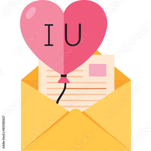 Pink Heart Shaped Balloon With I Love You Text Floating Above Open Yellow Envelope With Letter Inside On White Background Romantic Expression