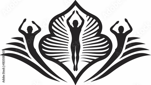 Silhouette figures in stylized lotus flower design with outstretched arms in a symmetrical black and white art