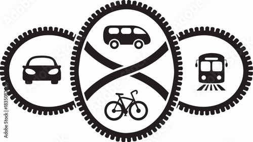 Illustration of car van bicycle and train inside cogwheels representing transportation options available