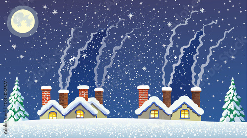 Illustration of winter scene with houses, snow, moon, trees, and smoke from chimneys at night