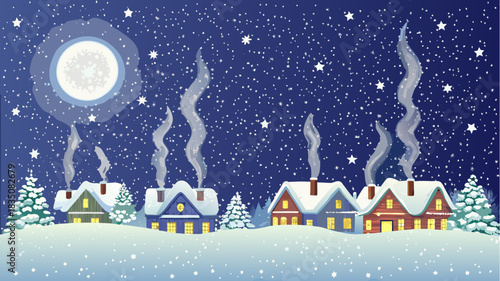 Winter night scene with snow covered houses, smoke, stars, and a large full moon in the dark blue sky