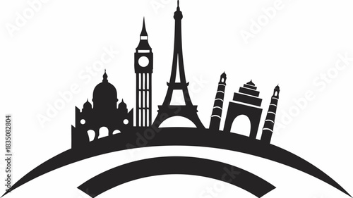 Silhouette of famous world landmarks including the eiffel tower and big ben on a curved horizon line