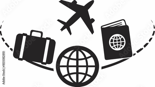 Iconic representation of global travel with airplane, suitcase, passport, and globe symbolizing journeys