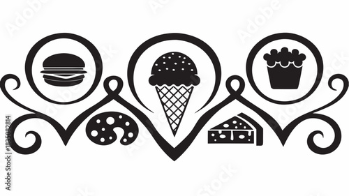 Black and white decorative design with burger, ice cream, cupcake, cheese and paint palette images