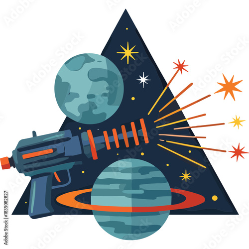 Pixel Art Retro Sci Fi Space Scene with Blaster Ray Gun Firing Lasers at Planets and Stars