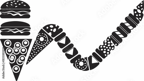 Black and white graphic featuring burgers pizza donut and a winding pattern of snack food icons
