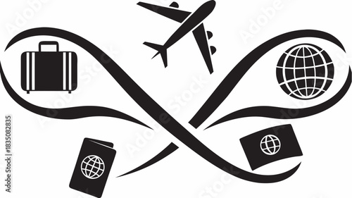 Stylized travel icon featuring suitcase airplane globe and passport in an infinity loop design element